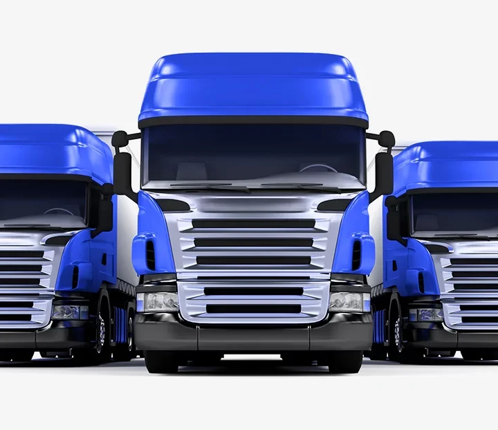 Три синих грузовика с хромированной решеткой радиатора, мощные и стильные, идеально подходят для транспортировки грузов.